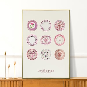 Pink Kitchen Print - Retro Antique Plates Painting - Modern Pink Wall Art for Bar Cart and Living Room Decor - Perfect Home Gifts