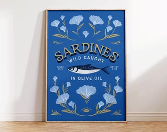 Impresión de sardinas - Póster vintage de lata de sardinas - Arte mural retro de pescado - Decoración colorida para la cocina - Estilo maximalista ecléctico para tu hogar