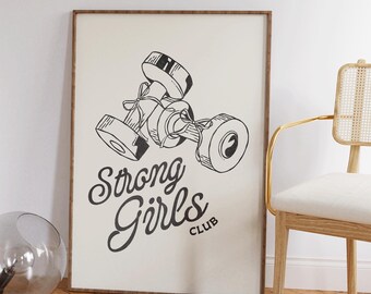Club de Chicas Fuertes - Póster de entrenamiento - Decoración de pared para gimnasio - Arte de estudio de pilates - Arte de pared femenino - Lámina de bienestar - Decoración moderna para apartamentos