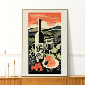 Retro Red Wine Hill Art Print - Kitchen Wall Art Decor Linocut Painting - Modern Food Print - Vintage Bar Cart for Home and Birthday Gifts