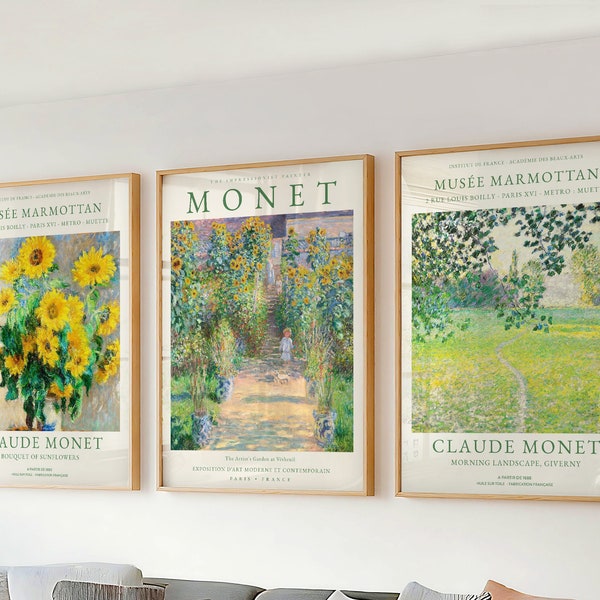 Set of 3 Wall Art Claude Monet Print - Vintage Sunflowers Painting - Flower Wall Art for Living Room and Office Wall - Triptych Wall Art