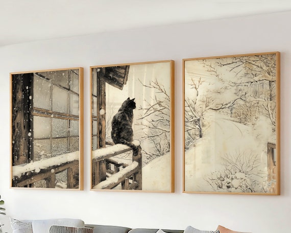 Set of 3 Wall Art - Large Japanese Woodblock Cat Triptych Wall Art