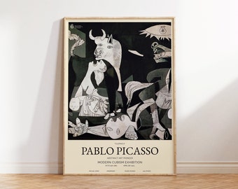 Può includere: Un poster in bianco e nero con un dipinto in stile cubista di un toro, un cavallo e una figura umana. Il poster è intitolato "Guernica" di Pablo Picasso e pubblicizza una mostra di cubismo moderno.