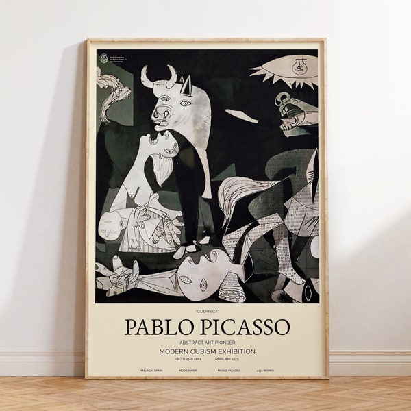 May include: A black and white poster with a cubist style painting of a bull, a horse, and a human figure. The poster is titled "Guernica" by Pablo Picasso and advertises a modern cubism exhibition.
