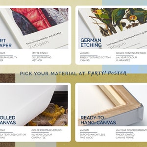 Pode incluir: Imagem mostrando quatro op&ccedil;&otilde;es de materiais de impress&atilde;o: Papel de Arte, Gravura Alem&atilde;, Tela enrolada e Tela pronta para pendurar. Cada op&ccedil;&atilde;o &eacute; descrita com detalhes como gramatura do papel, acabamento e m&eacute;todo de impress&atilde;o. O texto "PICK YOUR MATERIAL AT PARTY! POSTER" tamb&eacute;m &eacute; vis&iacute;vel.