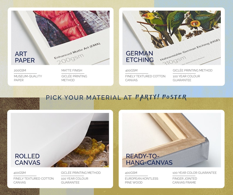 Pode incluir: Imagem mostrando quatro op&ccedil;&otilde;es de materiais de impress&atilde;o: Papel de Arte, Gravura Alem&atilde;, Tela enrolada e Tela pronta para pendurar. Cada op&ccedil;&atilde;o &eacute; descrita com detalhes como gramatura do papel, acabamento e m&eacute;todo de impress&atilde;o. O texto "PICK YOUR MATERIAL AT PARTY! POSTER" tamb&eacute;m &eacute; vis&iacute;vel.