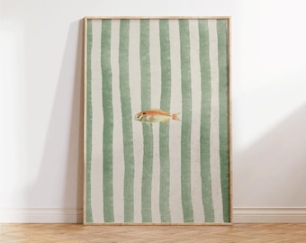 Impressão de peixe solitário - Arte de parede de peixe retrô - Ilustração fofa - Decoração de apartamento elegante - Arte de parede de cozinha de verão - Arte de peixe - Presentes para casa