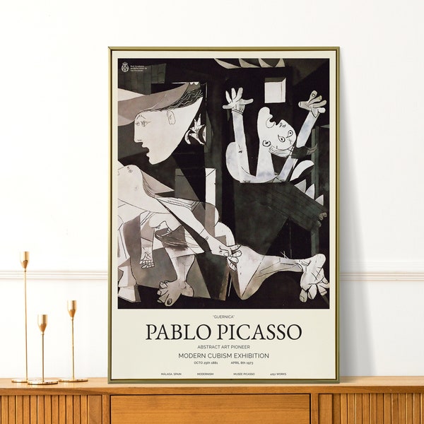 May include: A black and white poster featuring a cubist painting by Pablo Picasso titled "Guernica". The poster includes the artist's name and the title of the painting, along with the text "Modern Cubism Exhibition".