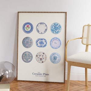 Blue Kitchen Print - Retro Antique Plates Painting - Modern Blue Wall Art for Bar Cart and Living Room Decor - Perfect Home Gifts