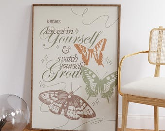 Impresión "Lo que no estás cambiando lo estás eligiendo" - Arte de pared de estilo rústico - Impresión retro de amor propio - Decoración de apartamento femenino - Impresión floral preppy