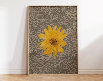 Leopard Print with Cheetah and Retro Flowers, Vintage Girly Wall Art, Trendy Preppy Decor for Bedroom or Apartment, Perfect Gift for Decor