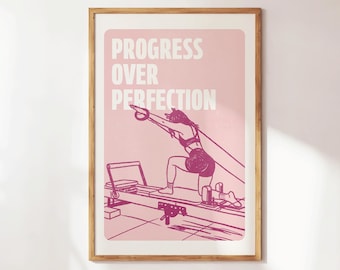 El progreso ante la perfección - Arte mural de pilates - Decoración de estudio - Decoración de gimnasio en casa - Póster de fitness de chica atractiva - Póster de motivación para hacer ejercicio - Femenino
