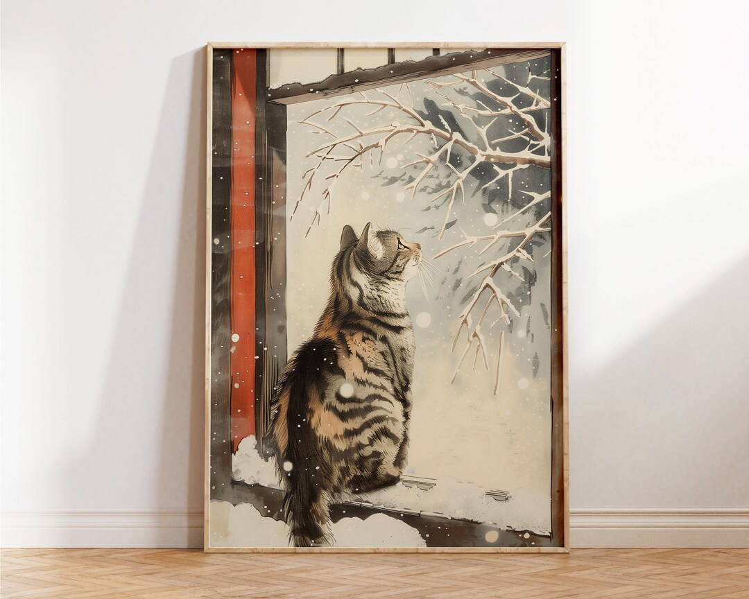 Cat on Snowy Window Print - Retro Vintage Japanese Woodblock Wall