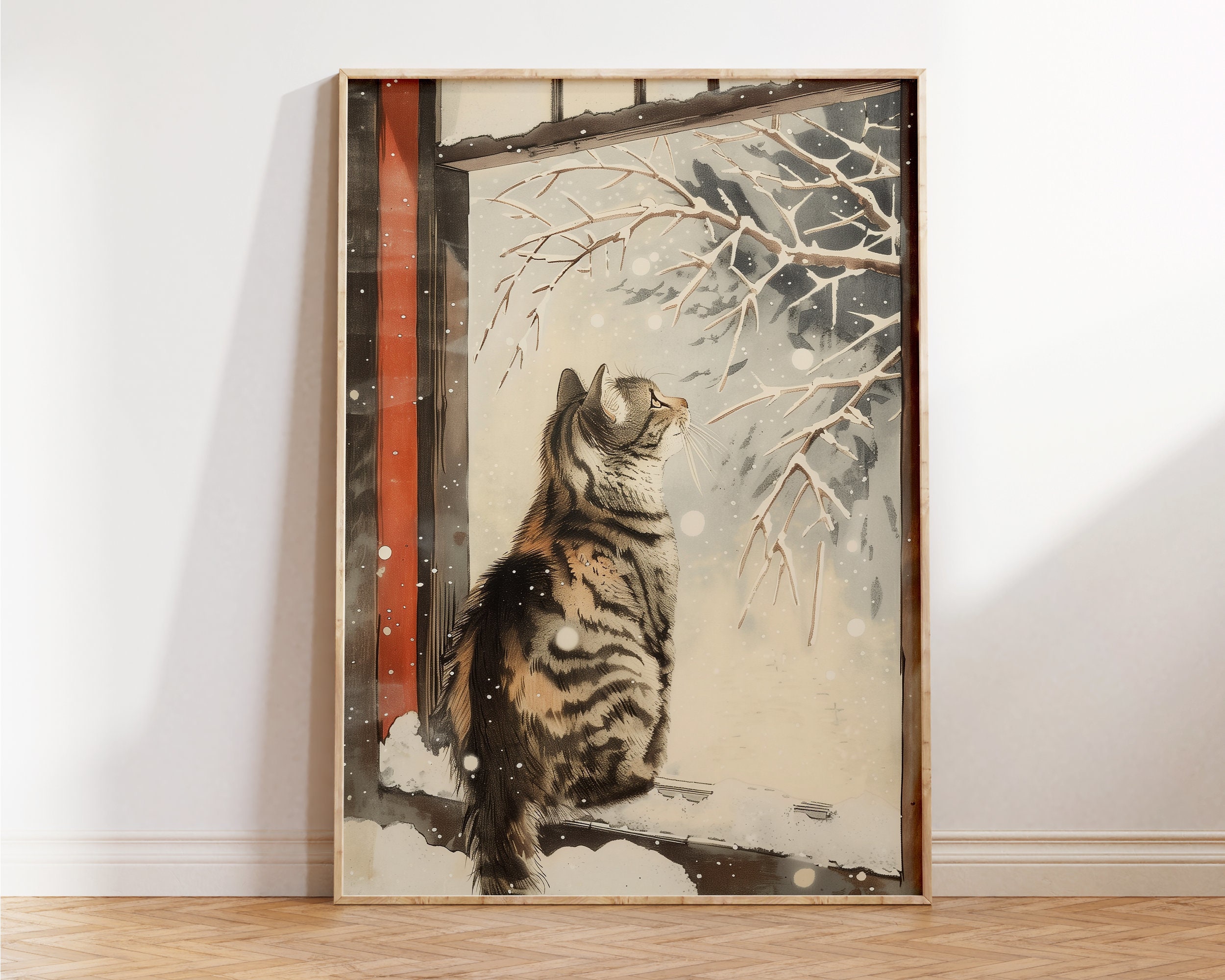 猫の窓アートプリント Cat on Snowy Window Print - Retro Vintage Japanese Woodblock Wall