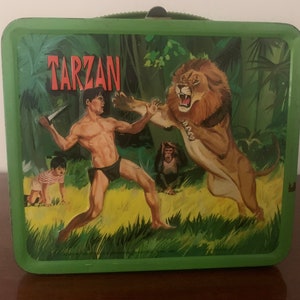 1966 Aladdin Tarzan Metal Lunch Box with Thermos and Lid