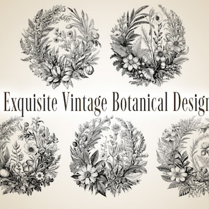 Vintage Botanical Floral Wreath Line Drawings Bundle Set