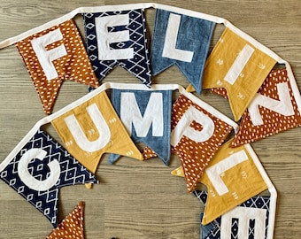 Custom Fabric Feliz Cumpleaños Happy Birthday Bunting Banner- Sustainable Reusable Decor, Handmade Party, Free Shipping