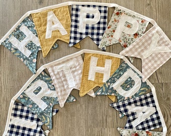 Custom Fabric Happy Birthday Bunting, Fabric Birthday Banner- Sustainable Reusable Decor, Handmade Party, Free Shipping