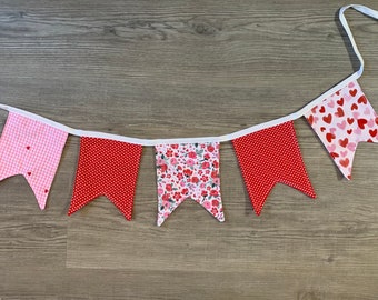 Valentine’s Day Fabric Bunting Banner- Sustainable Reusable Decor, Hearts Banner, Simple Minimalist Decor, Handmade Party, Free Shipping