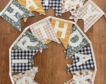 Custom Fabric Happy Birthday Banner, Fabric Happy Birthday Bunting, Birthday Banner- Sustainable Reusable Party Decor, Handmade, Free Ship