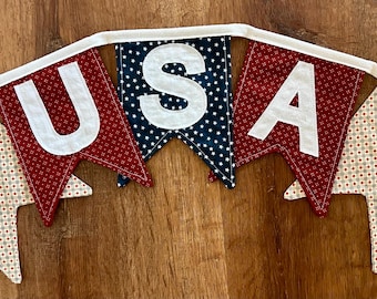 Fourth of July USA Fabric Bunting Banner- Sustainable Reusable Decor, America Banner, Patriotic Decor, Handmade Party, Free Shipping