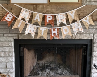 READY TO SHIP Neutral Fabric Happy Birthday Banner, Fabric Happy Birthday Bunting- Sustainable Reusable Decor, Handmade Party, Free Shipping