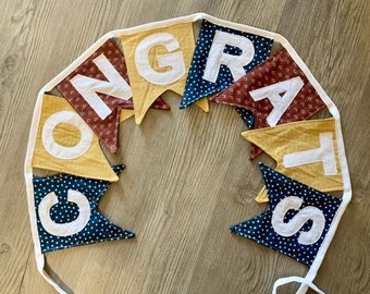 Custom Fabric Congrats Banner, Congratulations Bunting- Sustainable Party Decor, Reusable Graduation Decor, Eco-Friendly, Free Shipping