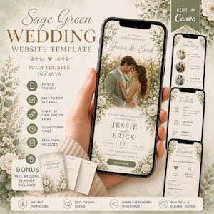 Può includere: Un modello di sito web per matrimoni color verde salvia visualizzato sullo schermo di uno smartphone, con una coppia, accenti floreali e sezioni modificabili per i dettagli dell'evento, una storia d'amore e un modulo di risposta RSVP.