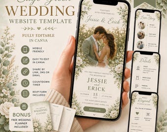 Könnte beinhalten: Eine Hochzeits-Website-Vorlage in Salbeigrün auf einem Smartphone-Bildschirm, mit einem Paar, floralen Akzenten und bearbeitbaren Abschnitten für Veranstaltungsdetails, eine Liebesgeschichte und ein RSVP-Formular sowie einem Hochzeitsplaner.