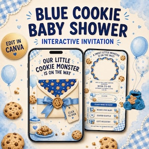 May include: A digital baby shower invitation template featuring a blue cookie monster theme. Two smartphones display the invitation design with text including Blue Cookie Baby Shower, Our Little Cookie Monster Is On The Way, and Click Here To RSVP.