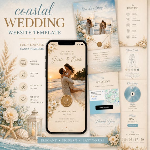 Interactive Coastal Wedding Invitation Website Template | Beach Wedding Invite  | Editable Canva Wedding Website
