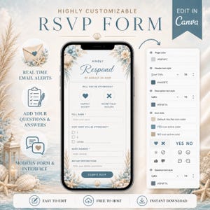K&ouml;nnte beinhalten: Eine digitale RSVP-Formularvorlage auf einem Smartphone-Bildschirm mit einem K&uuml;stenmotiv aus Muscheln und getrocknetem Gras. Die Benutzeroberfl&auml;che enth&auml;lt Felder f&uuml;r Namen, Teilnahme und di&auml;tetische Einschr&auml;nkungen sowie ein Bearbeitungsmen&uuml;.