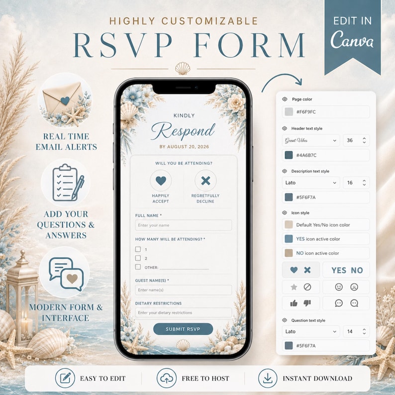 K&ouml;nnte beinhalten: Eine digitale RSVP-Formularvorlage auf einem Smartphone-Bildschirm mit einem K&uuml;stenmotiv aus Muscheln und getrocknetem Gras. Die Benutzeroberfl&auml;che enth&auml;lt Felder f&uuml;r Namen, Teilnahme und di&auml;tetische Einschr&auml;nkungen sowie ein Bearbeitungsmen&uuml;.