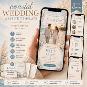 K&ouml;nnte beinhalten: Eine digitale Website-Vorlage f&uuml;r eine K&uuml;stenhochzeit auf einem Smartphone-Bildschirm, mit einem Strandfoto eines Paares, Text f&uuml;r Jessie und Erick sowie Veranstaltungsdetails. Das Design zeigt sanfte Blau- und Beiget&ouml;ne mit Muschelmotiven.