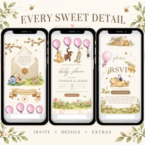 May include: Three smartphone screens displaying digital baby shower invitations featuring watercolor illustrations of Winnie the Pooh characters, pink balloons, and floral accents. The text includes "EVERY SWEET DETAIL," "PLEASE JOIN US FOR A baby shower," and "please RSVP."