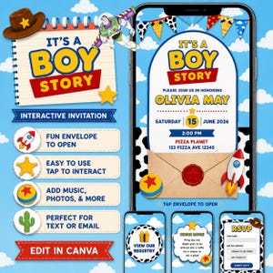 May include: A digital interactive invitation template titled It's a Boy Story featuring a blue sky with clouds, a cowboy hat, a space ranger, a rocket, and a ball. The invitation includes event details for Olivia May on June 15, 2026, at Pizza Planet.