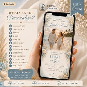 K&ouml;nnte beinhalten: Eine digitale Hochzeitseinladungsvorlage auf einem Smartphone-Bildschirm mit einem Strandfoto eines Paares, floralen Akzenten und anpassbaren Textfeldern. Die Benutzeroberfl&auml;che enth&auml;lt Abschnitte f&uuml;r Bilder, Text, Farben, Musik und Veranstaltungsdetails.
