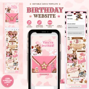 May include: An editable digital birthday website template for mobile devices featuring a pink cow print theme with Toy Story characters. The layout includes an invitation page with a pink envelope icon, an RSVP form, and a countdown timer.