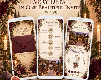 Könnte beinhalten: Drei Smartphones zeigen eine digitale Hochzeitseinladung in Burgunderrot und Cremetönen. Die Bildschirme zeigen einen Umschlag mit Wachssiegel, einen Zeitplan mit der Überschrift Wedding Plan sowie Abschnitte für The Venue und Dress Code mit Blumenmotiven.