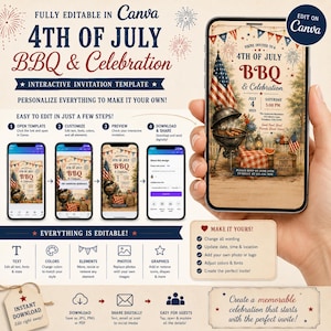 May include: A digital 4th of July BBQ and celebration invitation template, fully editable in Canva. The design features an American flag, a charcoal grill, and festive text. The image displays the invitation on a smartphone screen with instructions for customization, editing, and digital sharing.