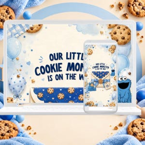 May include: A laptop and smartphone display a digital invitation featuring the text Our Little Cookie Monster Is On The Way, decorated with blue balloons, chocolate chip cookies, and a blue character illustration on a cream background.