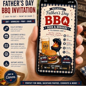 May include: A digital Father's Day BBQ invitation template displayed on a smartphone screen. The design features a beer mug, a charcoal grill with flames, and a burger, with text reading Father's Day BBQ, Beer & Burgers, and Let's Honor The Man The Myth The Legend.