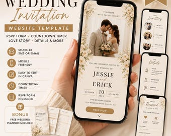 Könnte beinhalten: Eine interaktive Hochzeits-Einladungs-Website-Vorlage auf einem Smartphone-Bildschirm, mit einem Paar, floralen Akzenten und Text wie Jessie und Erick, 10. Oktober 2026 und RSVP Now, sowie weiteren mobilen Bildschirmen mit Liebesgeschichte und Details.