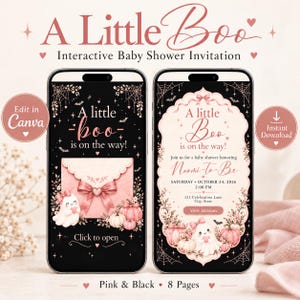 Puede incluir: Dos teléfonos inteligentes muestran una invitación digital para baby shower con temática rosa y negro. Las pantallas presentan un fantasma, calabazas y un sobre con el texto A Little Boo is on the way, detalles del evento y un botón.