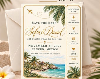 Könnte beinhalten: Eine cremefarbene Save-the-Date-Karte im Design einer Bordkarte mit goldenem Text, der Love is taking flight, Sofia & Daniel sowie Details für eine Hochzeit in Cancún, Mexiko am 21. November 2027 zeigt, inklusive Palmen und Strandmotiv.