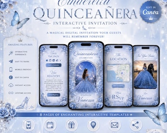 May include: A digital Cinderella Quinceañera interactive invitation template set featuring blue roses, butterflies, and a glass slipper. The design includes mobile-friendly screens for save the date, registry, location, and RSVP, all editable in Canva.