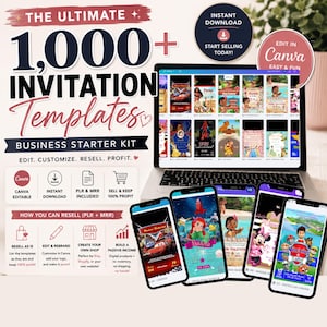 Puede incluir: Un kit de inicio de negocio digital con más de 1.000 plantillas de invitación mostradas en la pantalla de un portátil y cuatro teléfonos inteligentes. El gráfico incluye texto como The Ultimate 1,000+ Invitation Templates y Canva.