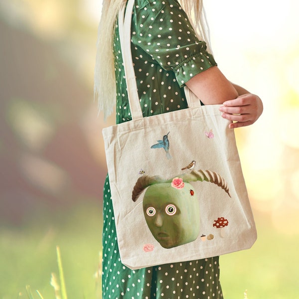 Goblincore Tote bag, Pastel Goth, Forestcore tote, Green Goblin birds, mushrooms and butterfly, Dark Academia carry bag, Dark Cottage Core