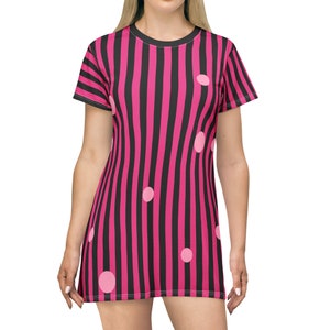 Pink and black striped dress with pink polka dot T-Shirt Dress (AOP)