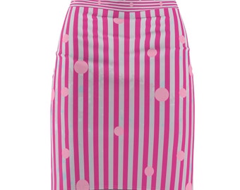 Womens Pink Striped Pencil Skirt with polka dots.